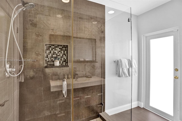 bathroom featuring walk in shower and wood-type flooring