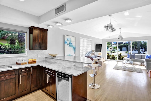 kitchen featuring tasteful backsplash, light stone counters, light wood-type flooring, and a wealth of natural light