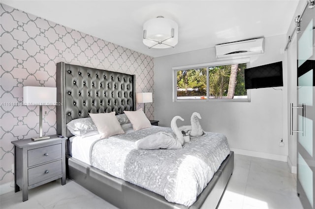 tiled bedroom with a wall unit AC