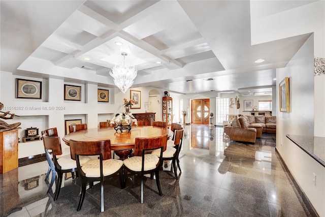 dining area with beam ceiling, an inviting chandelier, and coffered ceiling