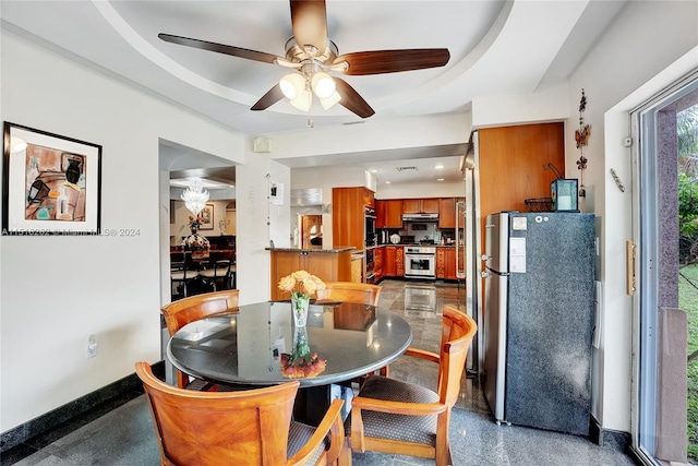 dining room with a tray ceiling and ceiling fan