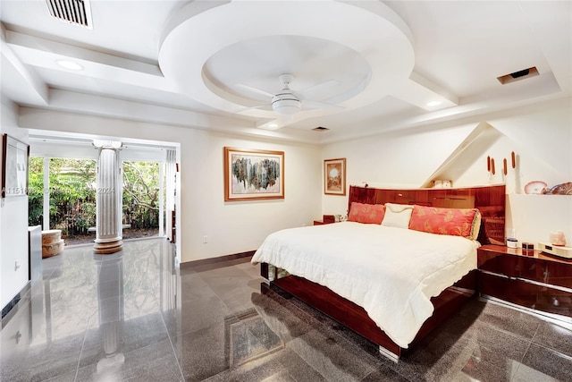 bedroom with access to outside, ceiling fan, and a tray ceiling