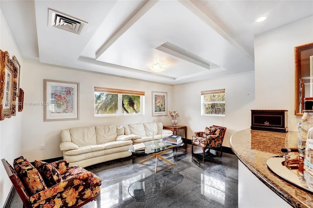 living room featuring a raised ceiling and plenty of natural light