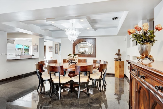 dining area featuring a chandelier and beamed ceiling