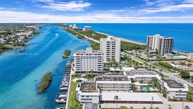 aerial view featuring a water view