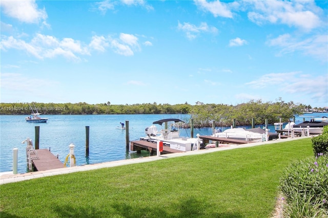 dock area with a water view and a lawn