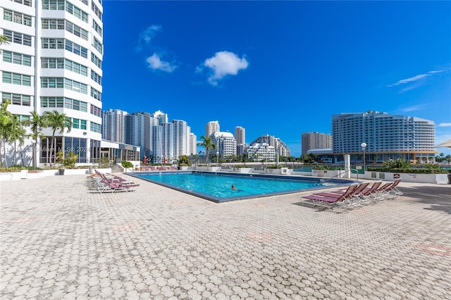 view of swimming pool featuring a patio area