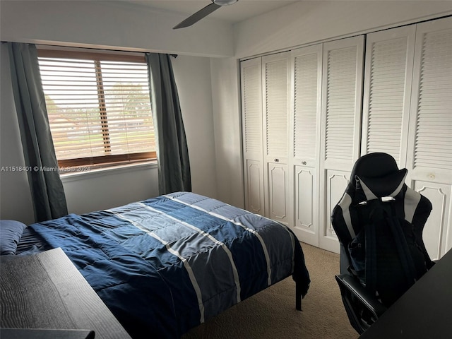 carpeted bedroom featuring ceiling fan