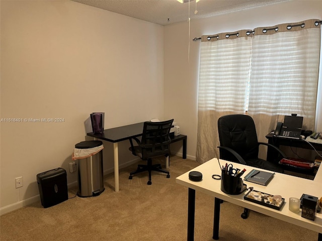 office area featuring light carpet and a textured ceiling