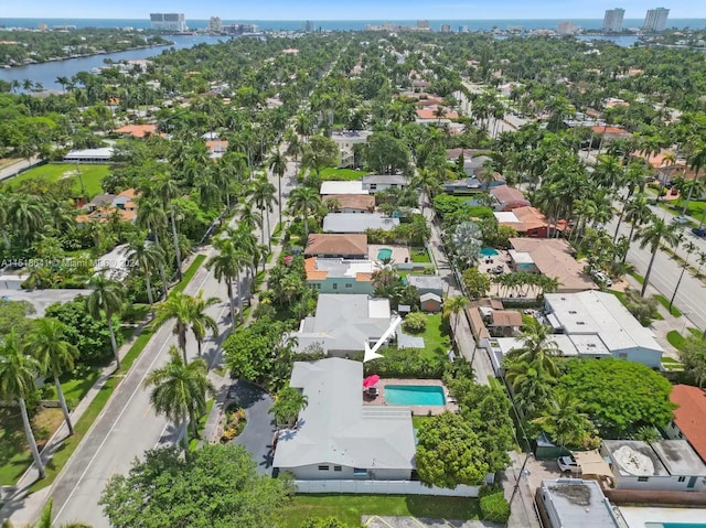 drone / aerial view featuring a water view