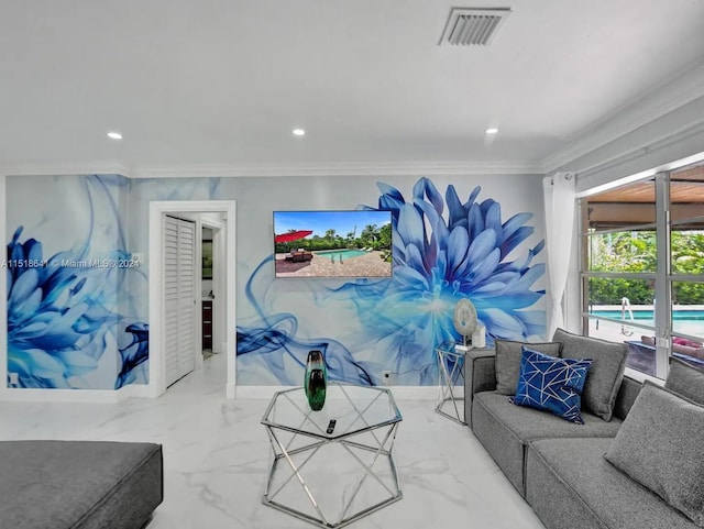 living room featuring crown molding and light tile floors