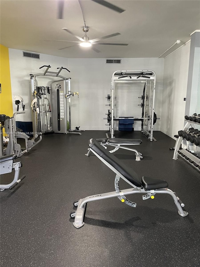 gym featuring ceiling fan