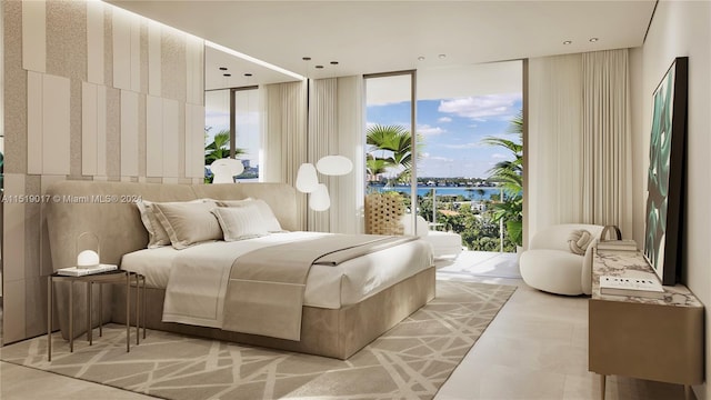 bedroom with a wall of windows, access to exterior, multiple windows, and a water view