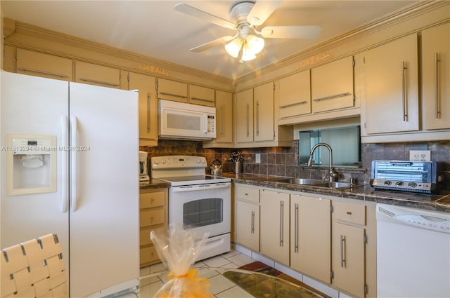 kitchen with ceiling fan, backsplash, light tile patterned floors, sink, and white appliances