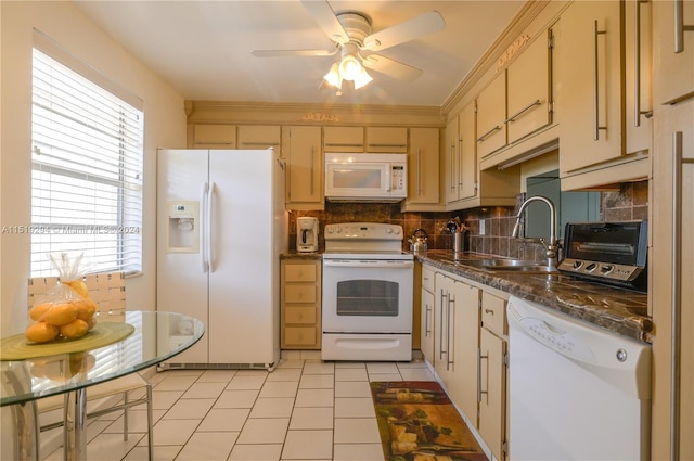 kitchen with ceiling fan, backsplash, light tile patterned floors, sink, and white appliances