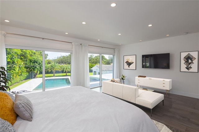 bedroom featuring access to exterior and wood-type flooring