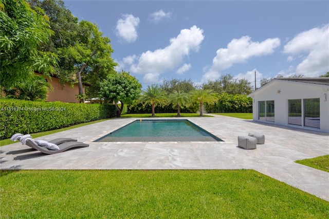 view of pool with a lawn and a patio area