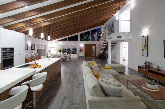interior space featuring high vaulted ceiling, sink, and dark hardwood / wood-style floors