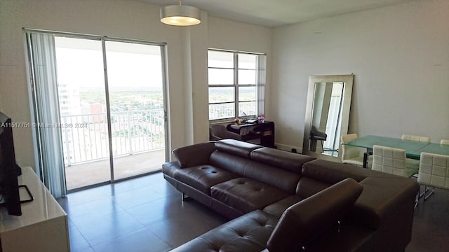 living room featuring tile flooring