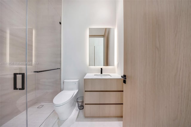 full bath with tile patterned floors, a shower stall, toilet, and vanity