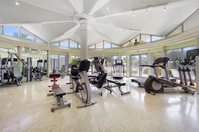 workout area featuring high vaulted ceiling, rail lighting, and french doors