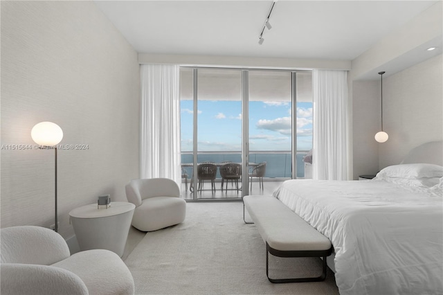 carpeted bedroom with track lighting, a water view, and access to exterior