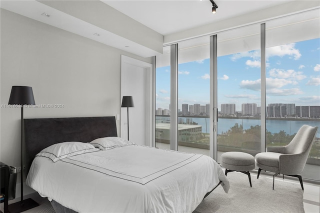 bedroom featuring a water view, access to outside, and multiple windows