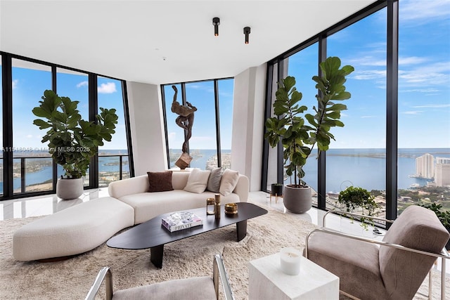 living room featuring a wall of windows and a water view