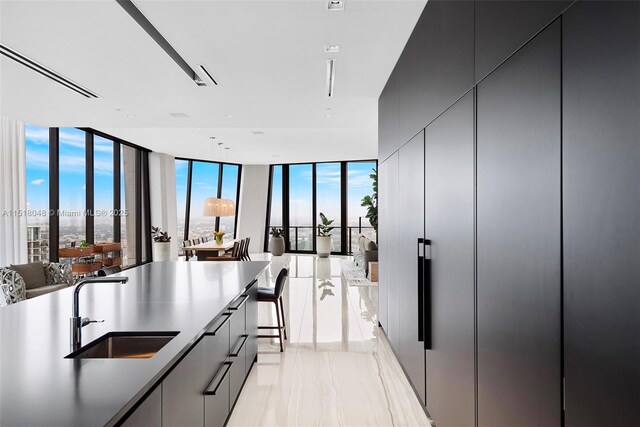 kitchen featuring floor to ceiling windows and sink