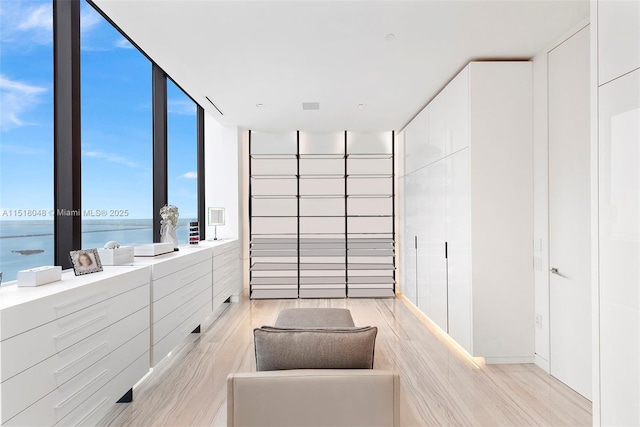 interior space with light hardwood / wood-style floors and a wall of windows