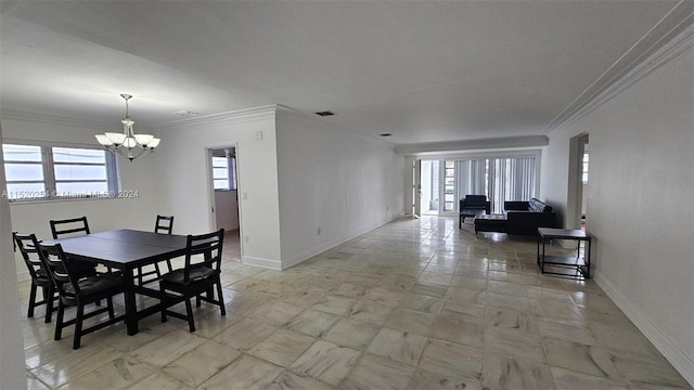 tiled dining area with a chandelier and ornamental molding