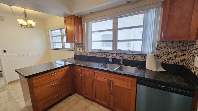 kitchen featuring kitchen peninsula, sink, light tile floors, a chandelier, and stainless steel dishwasher