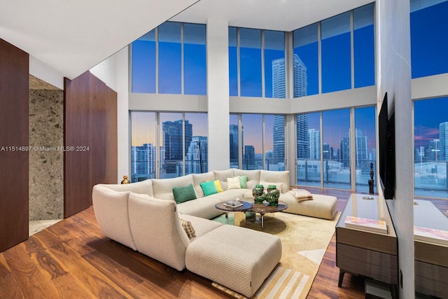 living room with dark hardwood / wood-style flooring