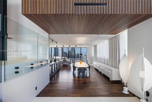 dining space with a wall of windows and dark wood-type flooring