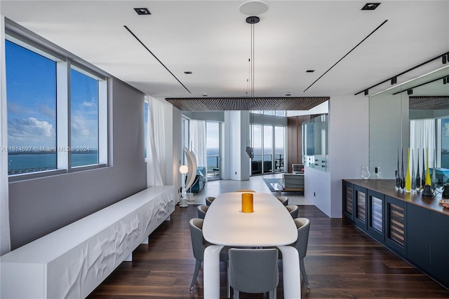 dining area with dark hardwood / wood-style floors, a water view, and a wall of windows