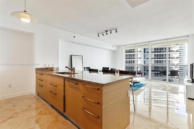 kitchen featuring track lighting, light stone counters, sink, and light tile flooring