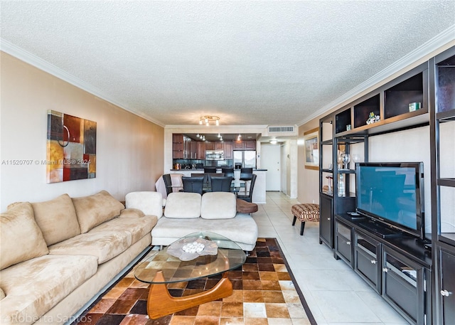 tiled living room featuring a textured ceiling and crown molding