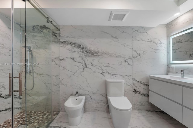 bathroom with a bidet, vanity, a shower with door, and tile walls