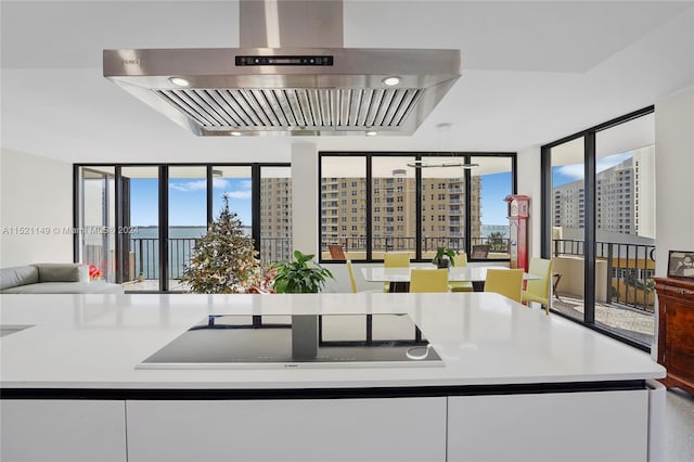 kitchen with fume extractor, cooktop, and white cabinetry