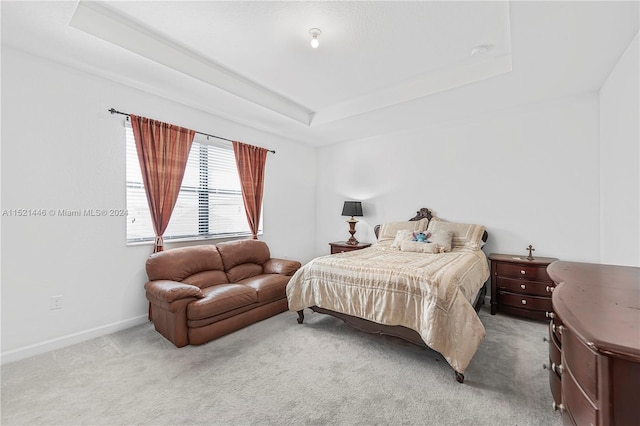 carpeted bedroom with a tray ceiling