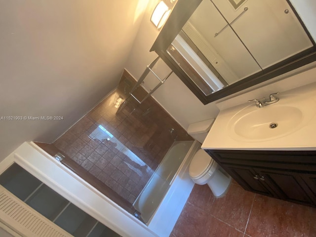 full bathroom featuring vanity, tile flooring, shower / tub combination, and toilet