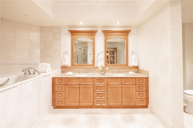 full bathroom with a tray ceiling, separate shower and tub, vanity, and toilet