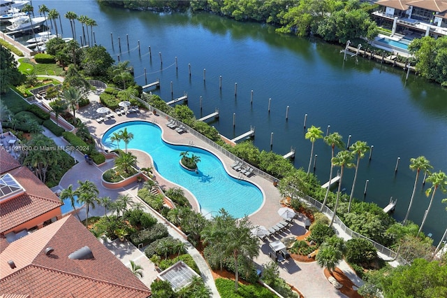 drone / aerial view featuring a water view