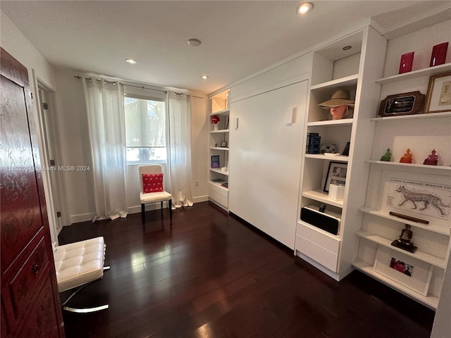 misc room featuring built in features and dark hardwood / wood-style floors