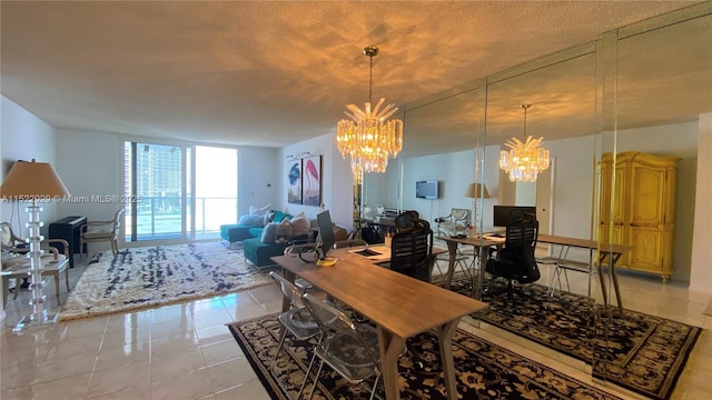 dining space with a textured ceiling, light tile patterned flooring, and a chandelier