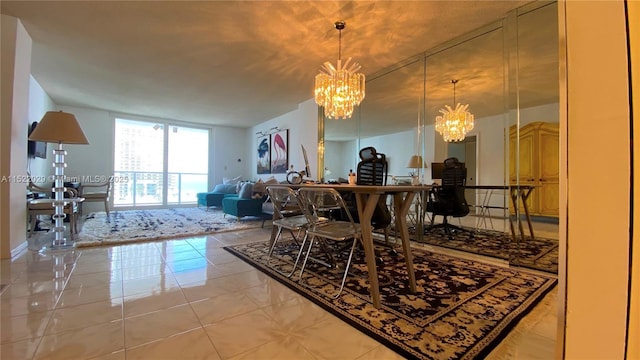 tiled dining area with floor to ceiling windows and a notable chandelier