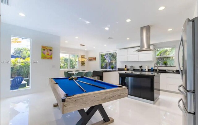 recreation room featuring billiards, visible vents, a sink, and recessed lighting