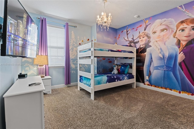 unfurnished bedroom with carpet and an inviting chandelier