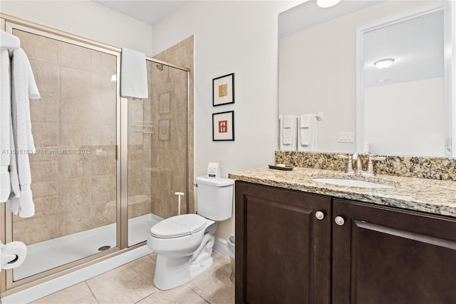 bathroom featuring tile patterned floors, toilet, an enclosed shower, and vanity