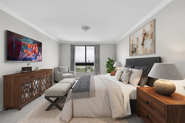 bedroom featuring ornamental molding and light carpet